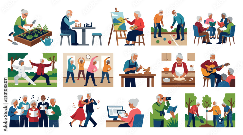 Fototapeta premium Active Senior Lifestyle Flat Vector Illustration Set: Elderly People Enjoying Hobbies and Social Activities