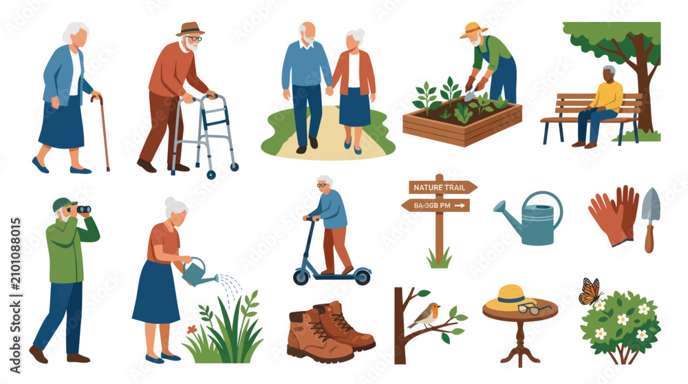 Fototapeta premium Flat Vector Illustration of Active Seniors Engaging in Outdoor Activities, Gardening, and Healthy Retirement Lifestyle
