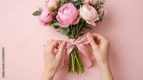 A person ties a pink ribbon around a bouquet of flowers on a pink background