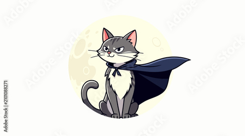Superhero Cat Character with Cape Sitting in Front of Moon