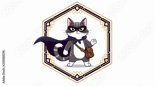 Superhero Cat Character, Cartoon Style, with Cape and Mask, Hexagonal Frame