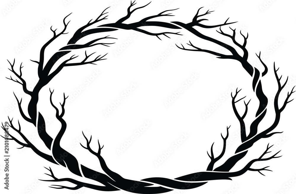 Fototapeta premium Twisted Dead Tree Branch Wreath Frame Vector Border Illustration for Halloween Nature and Rustic Decorative Designs