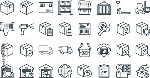 Logistics delivery and warehouse distribution outline icon set featuring cardboard boxes barcode scanner forklift pallet jack container truck storage shelf and cargo tracking vector illustration
