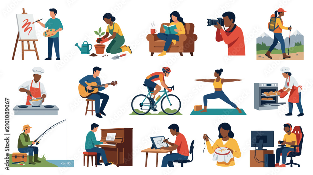 Fototapeta premium Diverse People Hobbies and Leisure Activities Flat Vector Illustration Set for Personal Interests and Recreation