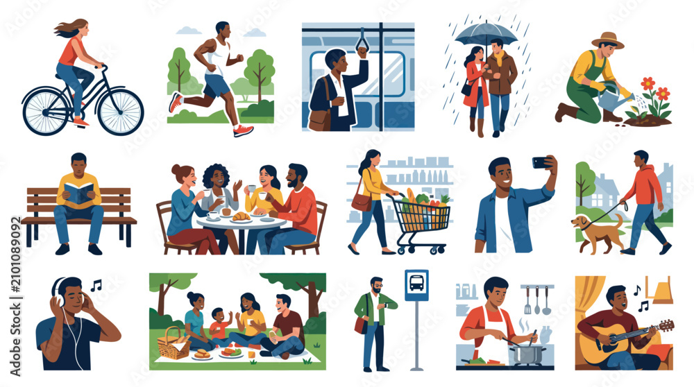 Fototapeta premium Lifestyle Activities Flat Design Vector Set - People Enjoying Hobbies and Daily Life