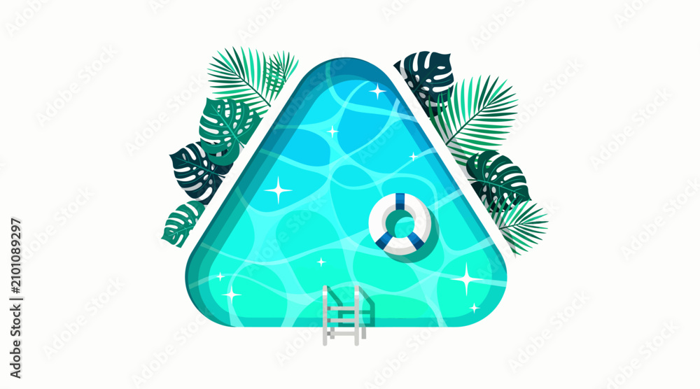 Fototapeta premium Triangle Swimming Pool with Tropical Leaves, Ladder, Lifebuoy