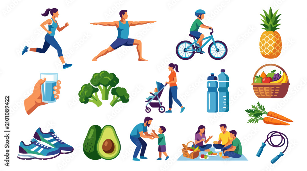 Fototapeta premium Flat Vector Art - Healthy Lifestyle, Fitness, Nutrition, Family Activities