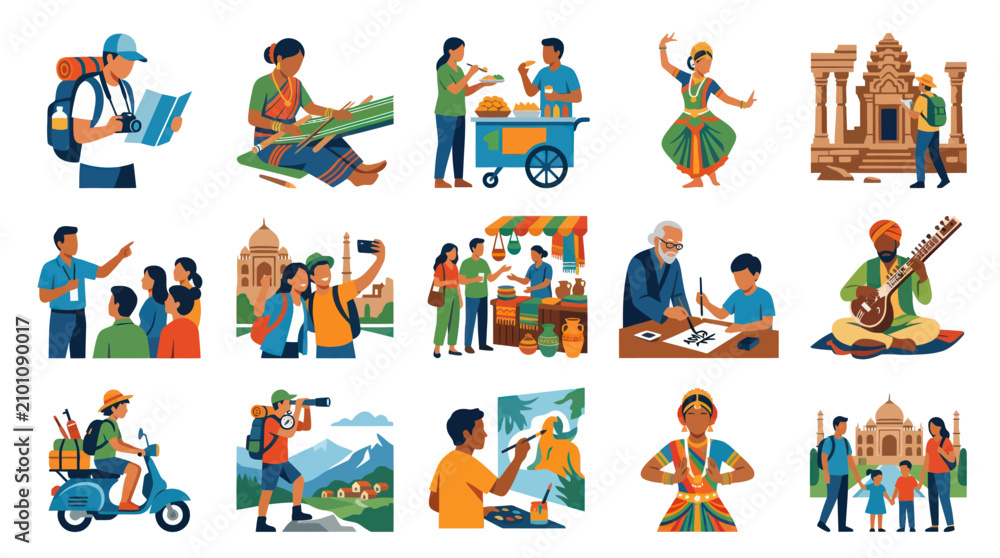 Fototapeta premium India Travel Culture Flat Icons: Tourism, Food, Dance, Architecture, Art, Family
