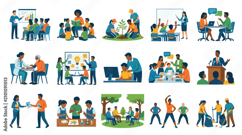 Fototapeta premium Flat Vector Illustration Set of People in Education, Healthcare, and Community Services Activities