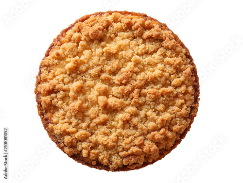 Homemade apple crumble pie topped with a golden buttery crumb crust, isolated on a white background.