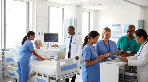 Medical team consults with elderly patient in bright hospital room