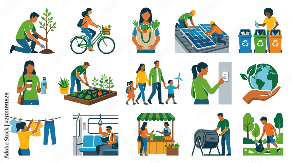 Naklejka premium Eco-Friendly Living Flat Vector Illustrations: People Engaging in Sustainable Daily Activities Environmental Protection