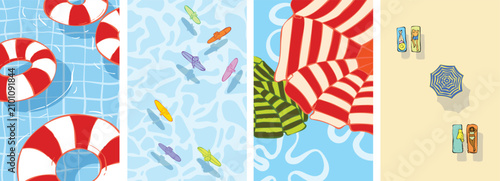 Εκτύπωση καμβά Summer Beach Vacation Vector Illustration Collection Featuring Swimming Pool Flo