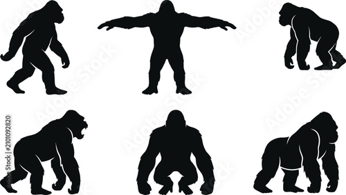 Canvas Print Gorilla, ape, primate silhouettes, black icons, vector set