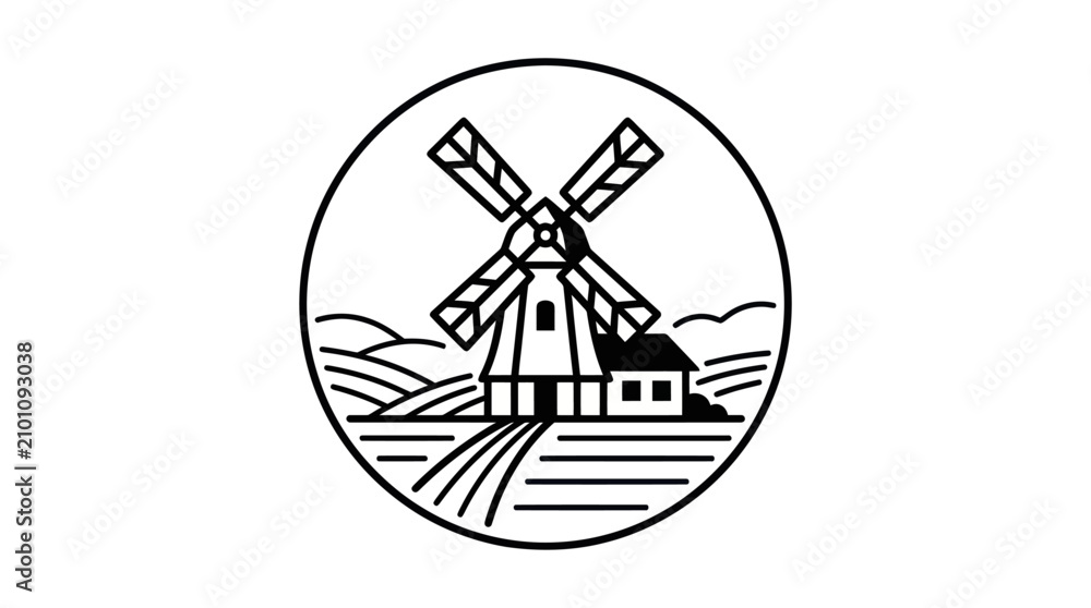 Fototapeta premium Circular emblem featuring a classic windmill and farmhouse in a scenic landscape.