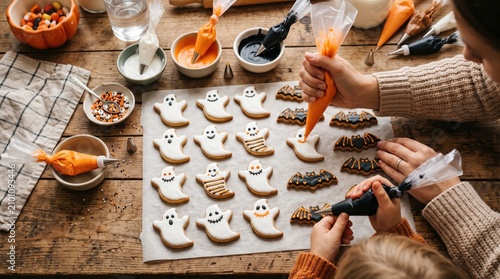 Family decorating halloween cookies with icing on a rustic wooden table