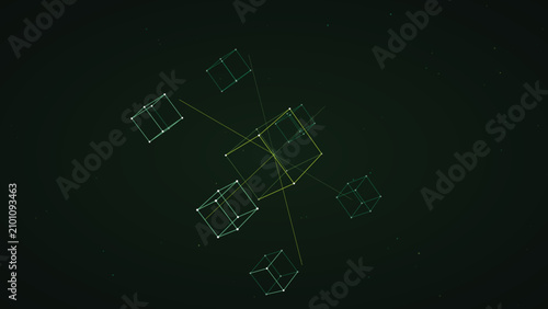 Complex digital network visualization with connected glowing green cubes floating in a dark virtual reality interface
