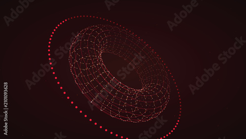 Complex geometric torus shape formed by red wireframe lines and dots in dark virtual space
