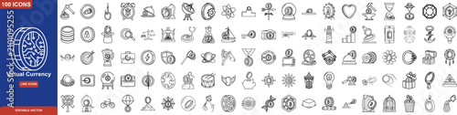 Fotografie Virtual Currency and Blockchain Line Icon Set
