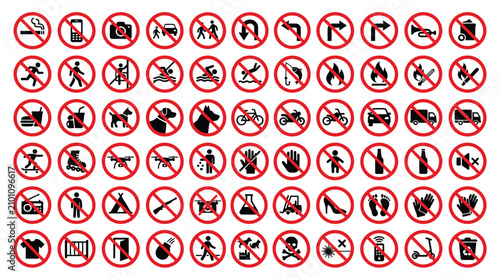 Tableau sur toile Collection of red circle prohibition signs with various black icons