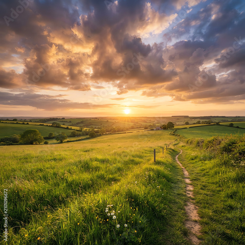 Countryside landscape with dirt path at sunset