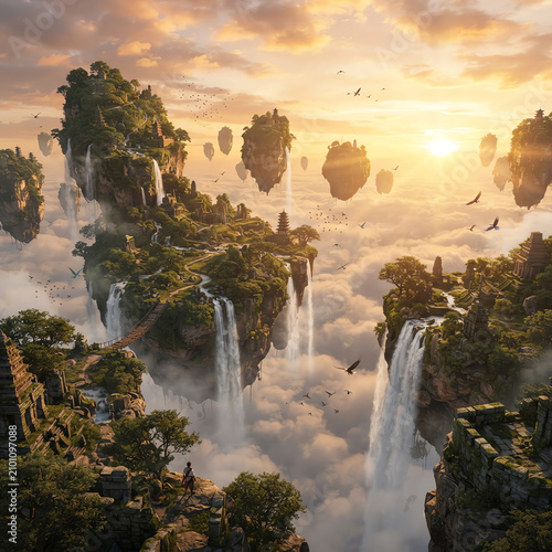 Floating islands with waterfalls and temples at sunset