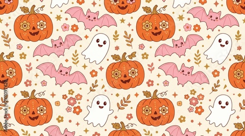 Seamless pattern with cute pumpkins, ghosts, and bats for halloween
