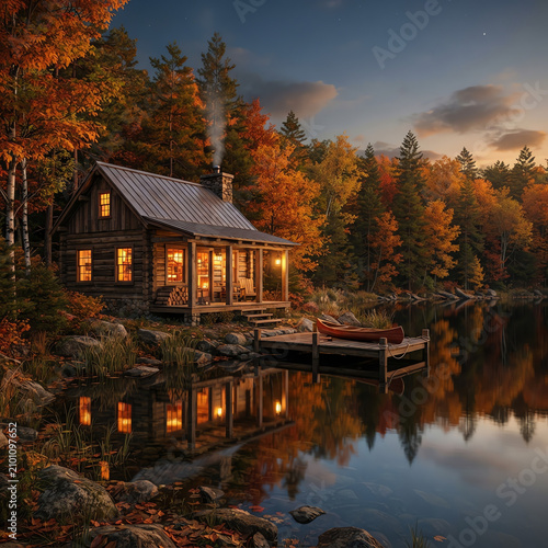 Log cabin with dock by autumn lake