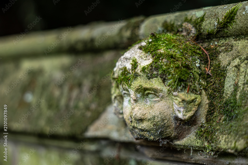 Obraz premium Ancient stone cherub head sculpture, carved into a wall or pillar, showcasing extensive weathering and overgrowth of vibrant green moss, symbolizing time, nature's reclaim, and forgotten beauty