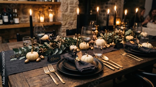 Elegant halloween table setting with black candles, pumpkins, and gold cutlery on a rustic wooden dining table
