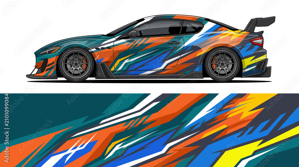 Naklejka premium Colorful racing car with dynamic abstract paint design.