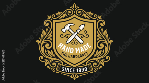 Ornate Handmade Craftsman Logo with Hammer and Chisel.
