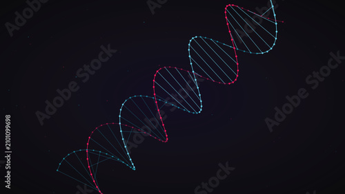 Obraz na płótnie Neon blue and red glowing dna double helix rotating slowly in deep dark space