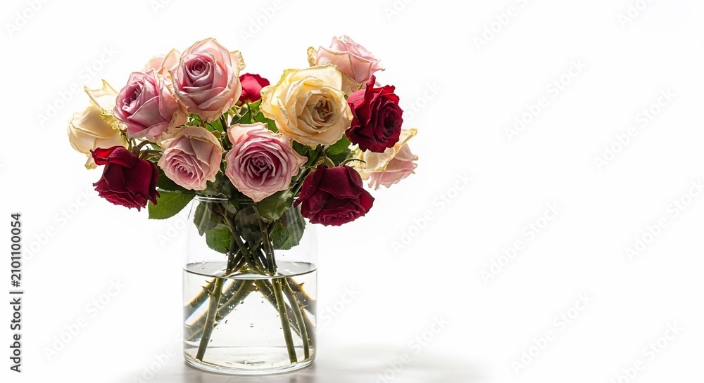 Obraz premium Vibrant Rose Bouquet Artfully Arranged in Clear Vase