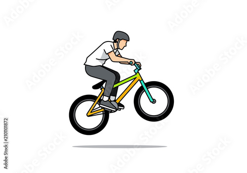 Foto Man performing a bicycle wheelie on a colorful bike.
