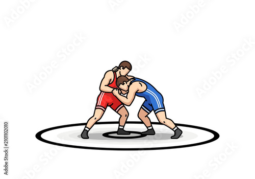 Fotografie Two male wrestlers locked in a competitive match on a wrestling mat