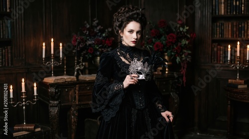 Elegant woman in a vintage black dress holding a masquerade mask in a dark library with candles and red roses