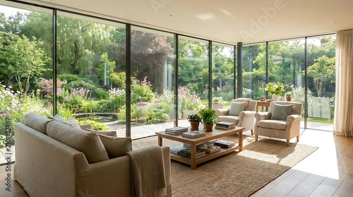Modern living room with floor to ceiling windows overlooking lush garden