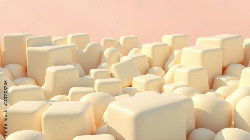 Obraz premium Abstract blocks fill frame. Soft lighting creates warm, pastel tones. Minimalist composition, smooth surfaces, digital rendering.