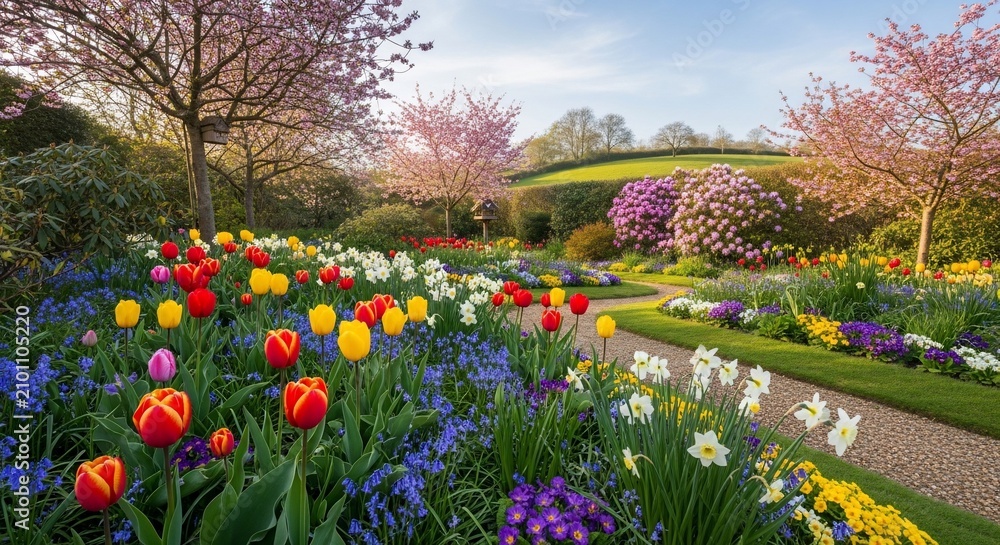 Fototapeta premium Spring's Awakening: A Symphony of Color in a Blooming Garden Path