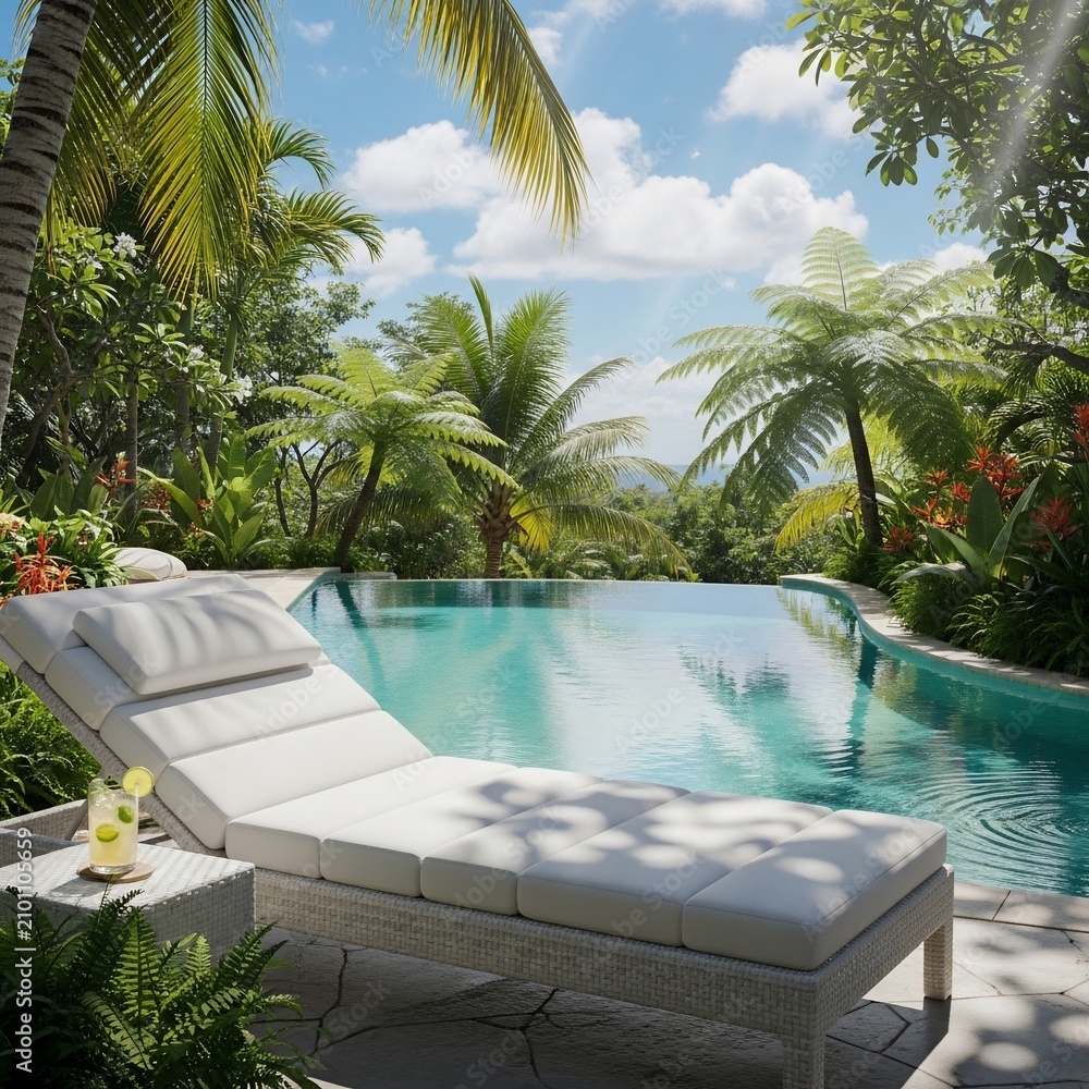 Fototapeta premium Serene Tropical Escape: Sun-drenched pool, lush foliage, ultimate relaxation.