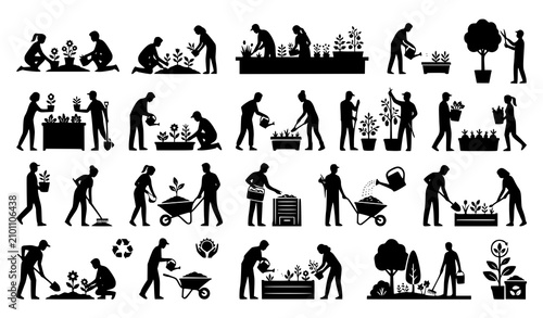 Urban Gardening Vector Illustration Set with Community Garden Silhouettes Sustainable Green City and Eco Farming Icons