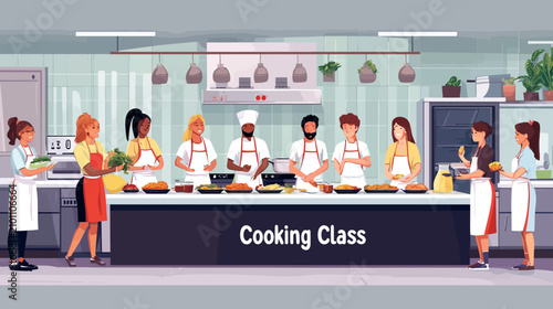 Diverse group learning culinary skills in kitchen setting