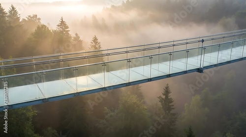 Modern suspension bridge crossing misty forest at sunrise aerial view