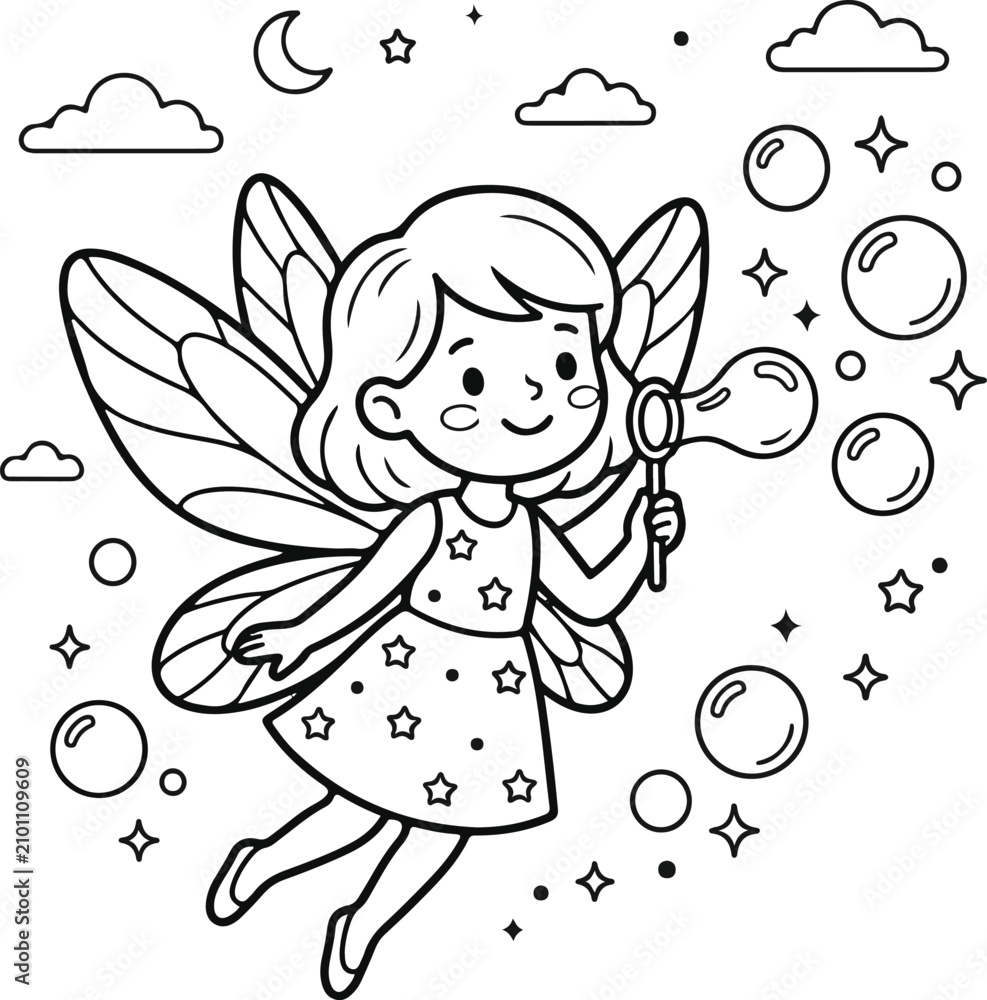 Fototapeta premium Black and white fairy blowing bubbles outdoors freely