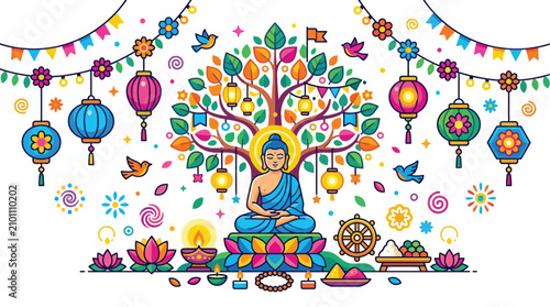 Quadro su tela Buddha Enlightenment Meditation Under Sacred Tree with Colorful Lanterns and Fes
