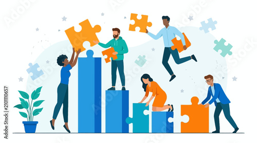 Diverse team collaboratively assembling puzzle pieces on a growing bar chart, symbolizing business teamwork, problem-solving, and strategic success.