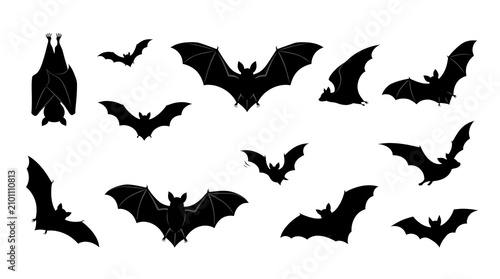 Halloween Bat Silhouettes Set Collection of Flying Vampire Bats Vector Illustration Isolated on White Background