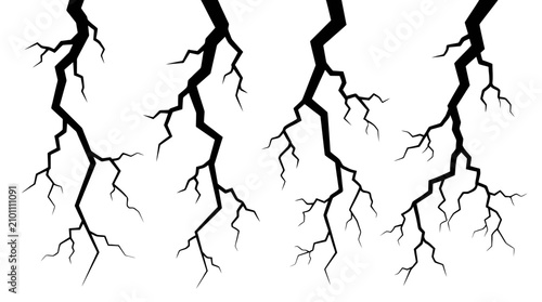 Set of Black Lightning Bolts or Stylized Cracks, Isolated on a White Background. Abstract Graphic Elements for Design Projects.