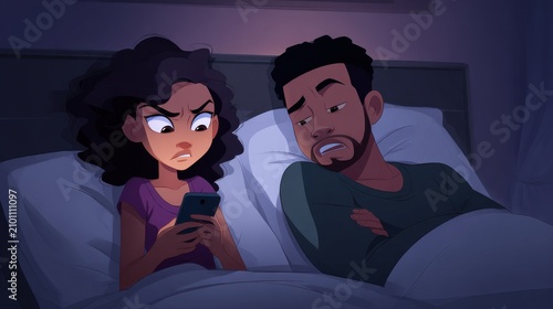 Angry Woman Checking Phone in Bed While Worried Partner Watches